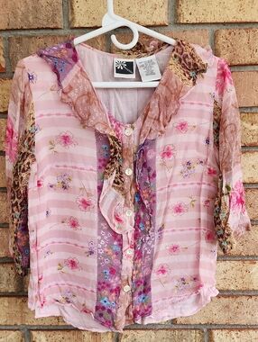 Phool Size Small Pink Floral Ruffle Button-Up Blouse